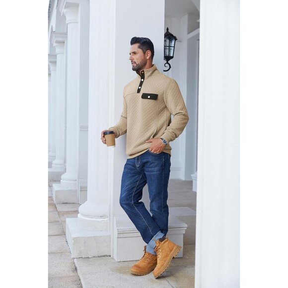 Men's Sweatshirt Quarter Button Pullover Sweatshirt Stand Collar Polo Khaki - Picture 4 of 5